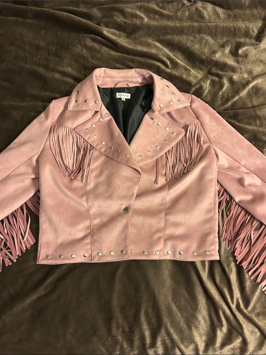 Adore Jackets & Blazers - Adore Dusty Pink Faux Suede Fringe Moto Jacket with Studs